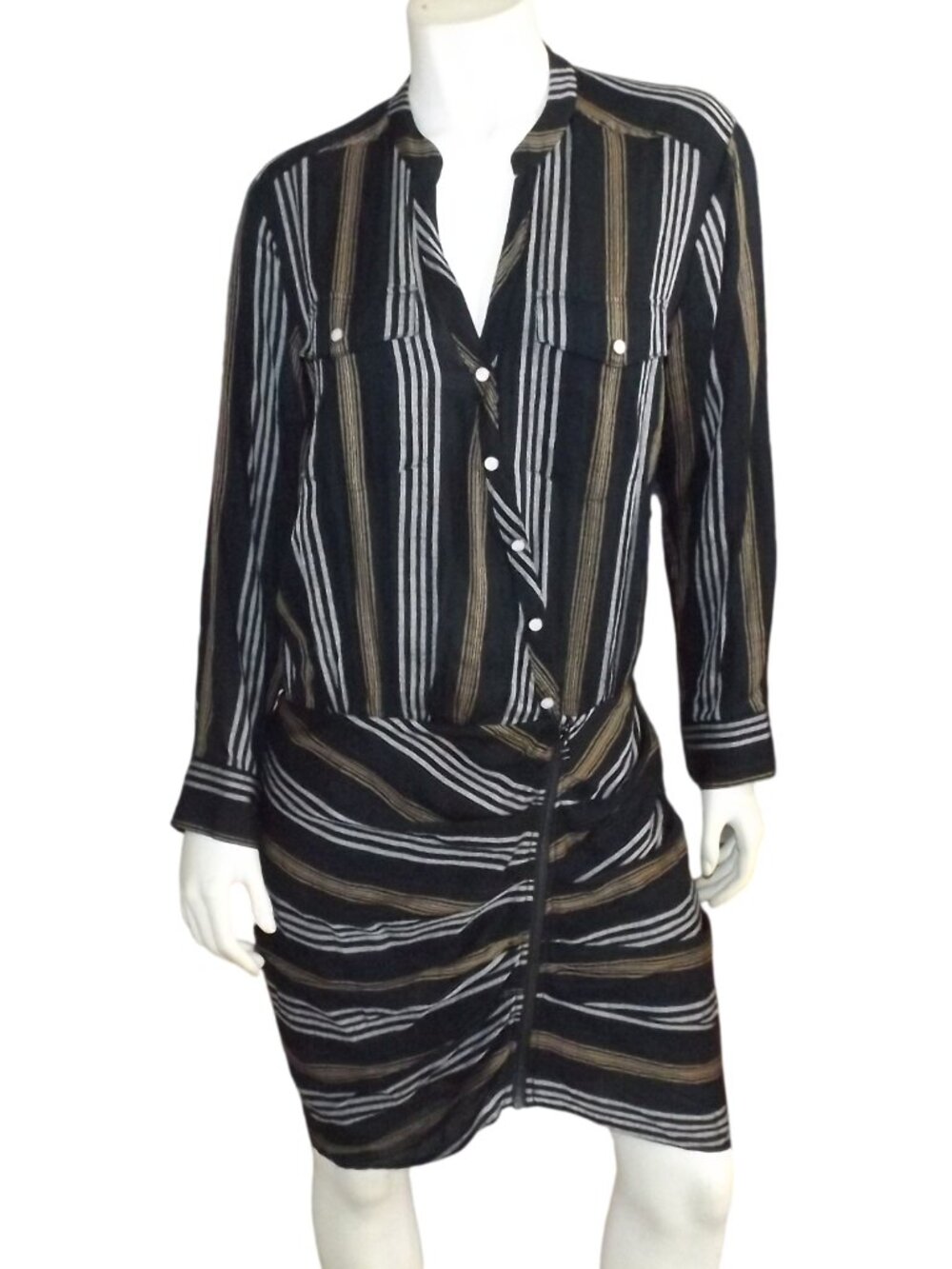 VERONICA BEARD Mini Dress, 10, Emory, Black/Multicolor Stripes,long sleeve Snaps